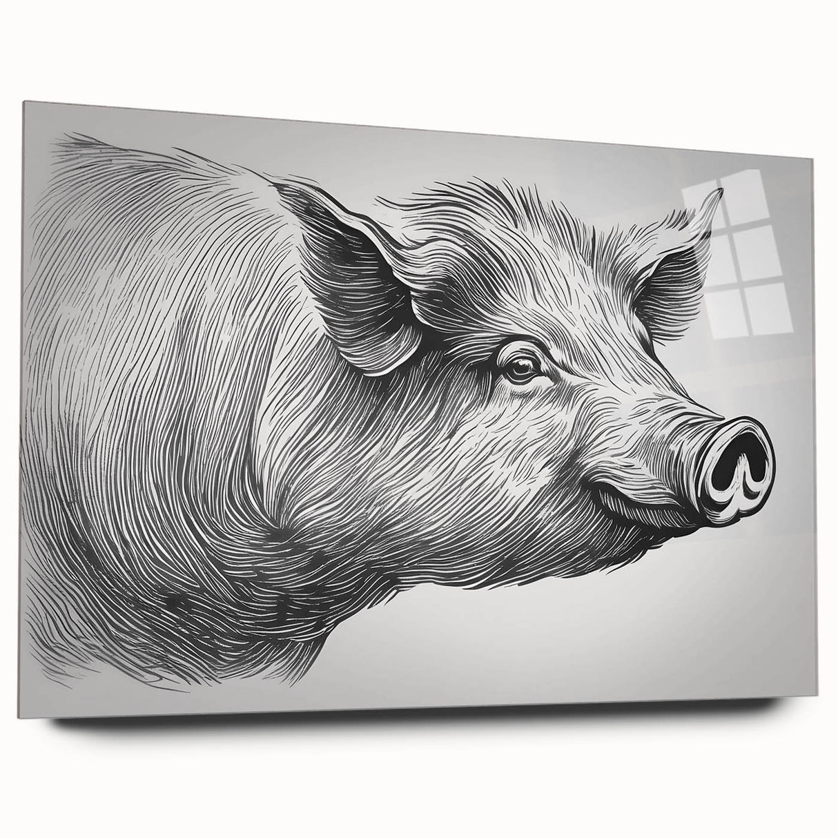 Side view of a vibrant acrylic glass wall art piece featuring a whimsical pig design, part of a wildlife collection, ideal for animal lovers' decor.