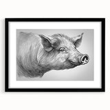 Framed wall art showcasing a whimsical pig design from the “Animals: A Wild Life” collection, featuring a sleek black frame and mat, ideal for animal lovers’ decor.