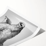 Colorful wall art print showcasing a whimsical pig design, part of an animal-themed collection, rolled and ready for display in any creative space.