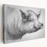 Side view of a stretched canvas wall art design featuring a whimsical pig illustration, showcasing vibrant colors and playful details, perfect for animal lovers' decor.
