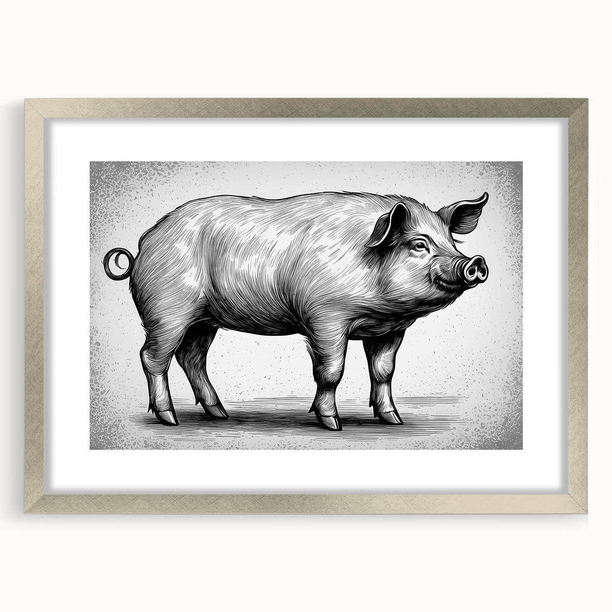 Framed wall art featuring a whimsical pig design in a silver frame with a mat, showcasing vibrant colors and playful details, ideal for animal lovers' decor.