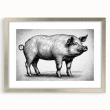 Framed wall art featuring a whimsical pig design in a silver frame with a mat, showcasing vibrant colors and playful details, ideal for animal lovers' decor.