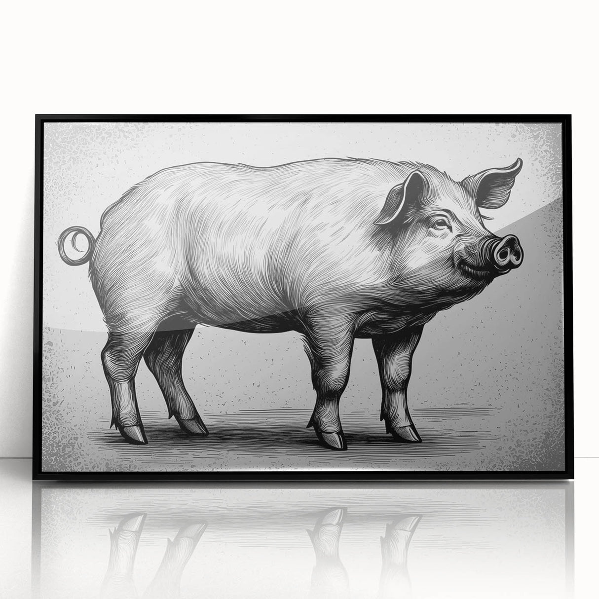 Framed wall art featuring a whimsical pig design, set against a black background, showcasing vibrant colors and playful details, perfect for animal lovers' decor.