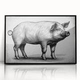 Framed wall art featuring a whimsical pig design, set against a black background, showcasing vibrant colors and playful details, perfect for animal lovers' decor.
