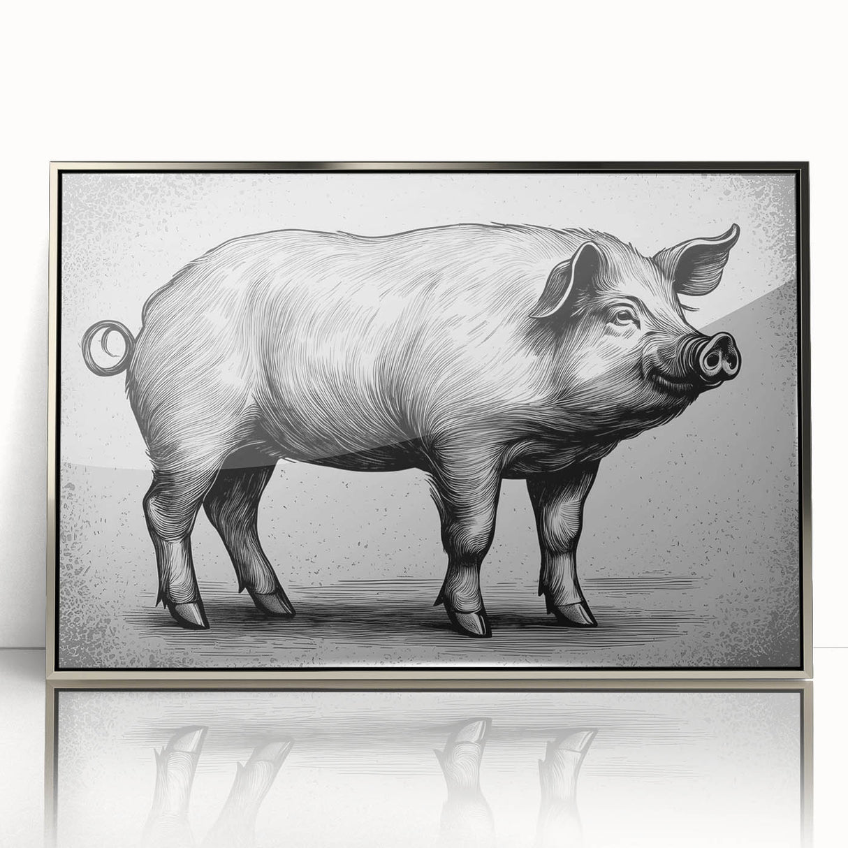 Framed wall art featuring a whimsical pig design in a silver acrylic frame, showcasing vibrant colors and intricate details, perfect for animal lovers and home decor enthusiasts.