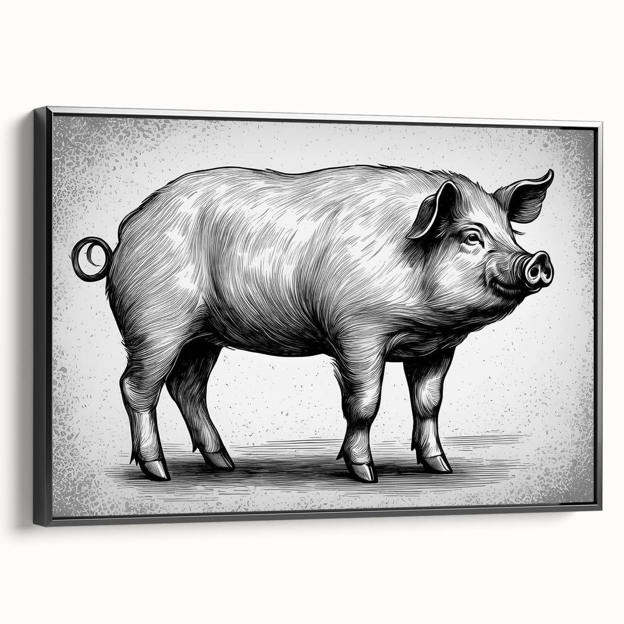 Framed wall art showcasing a whimsical pig design in vibrant colors, set against a black background, perfect for animal lovers and home decor enthusiasts. This unique canvas adds a playful touch to any space, highlighting intricate details of the pig's features and playful expression. Ideal for modern interiors and art collectors.