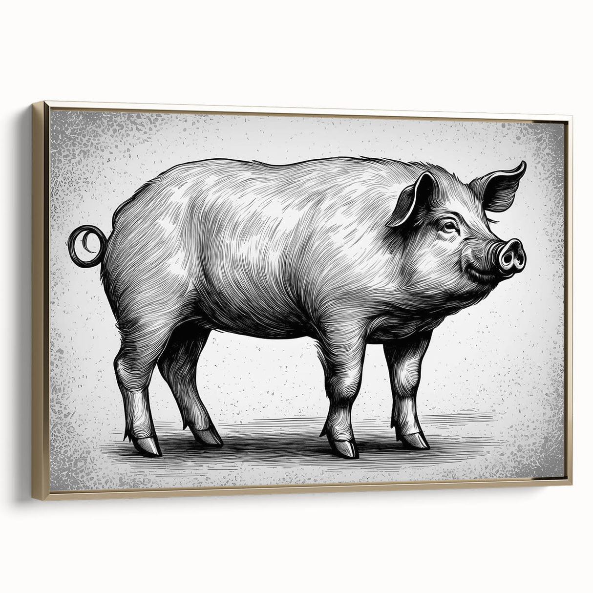 Framed canvas wall art showcasing a whimsical pig design set against a gold background, perfect for animal lovers and modern home decor.