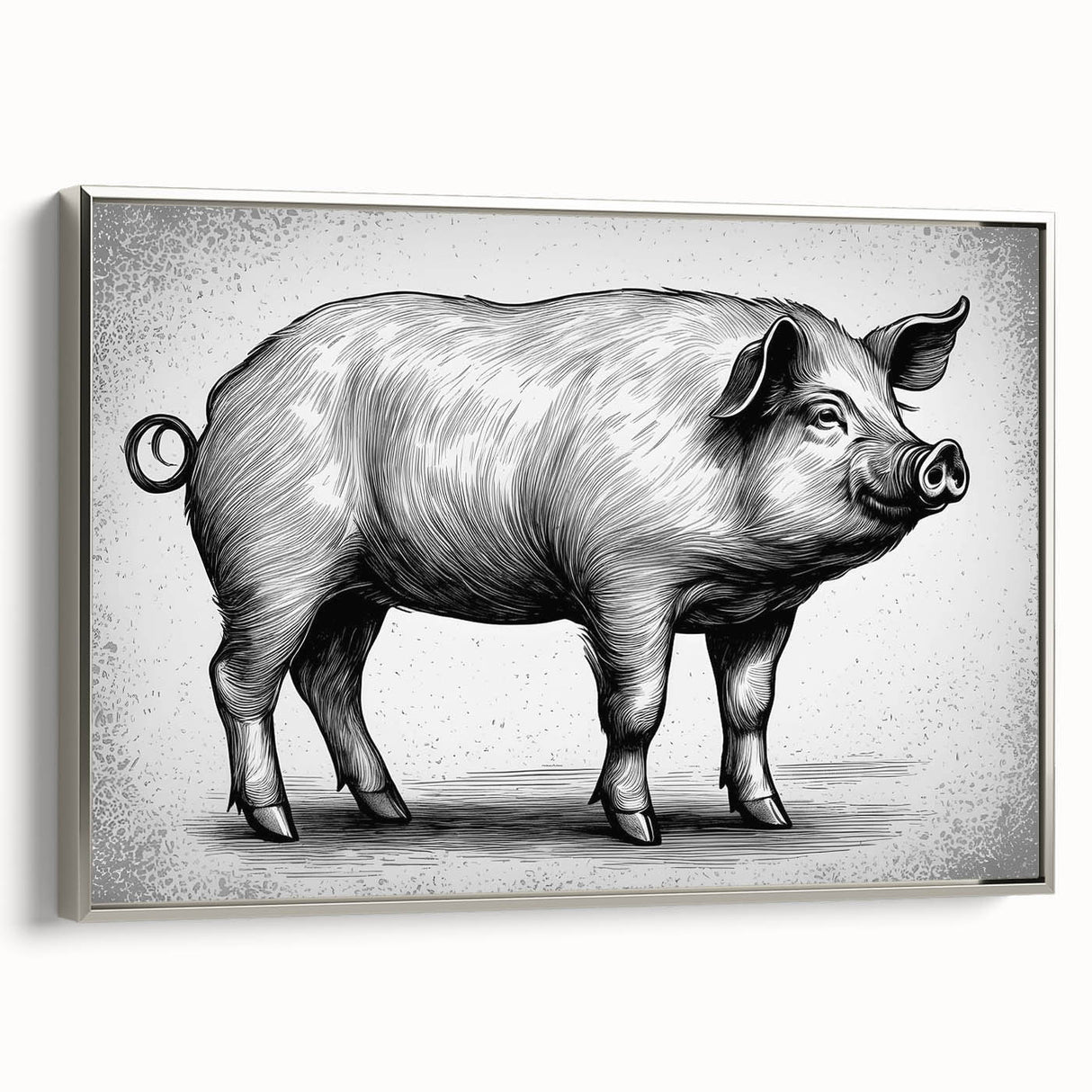 Framed wall art featuring a whimsical pig design in a playful style, set against a silver backdrop. Ideal for adding a fun touch to home decor or animal-themed spaces.