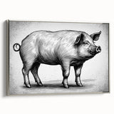 Framed wall art featuring a whimsical pig design in a playful style, set against a silver backdrop. Ideal for adding a fun touch to home decor or animal-themed spaces.