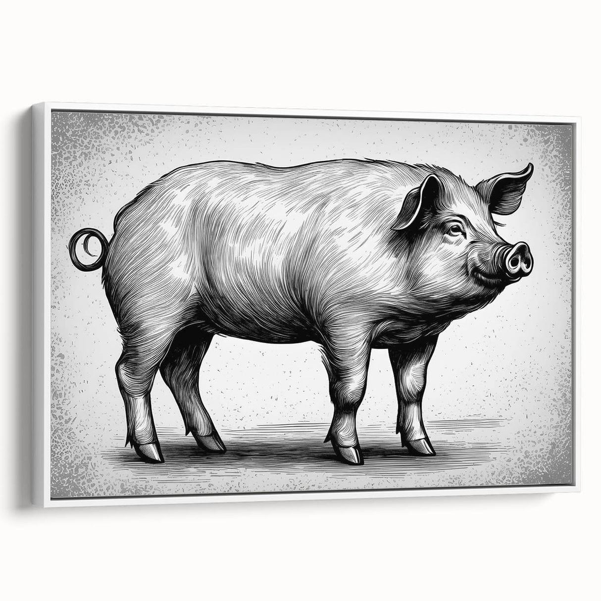 Framed canvas wall art featuring a side view of a whimsical pig design against a white background, perfect for animal lovers and home decor enthusiasts.