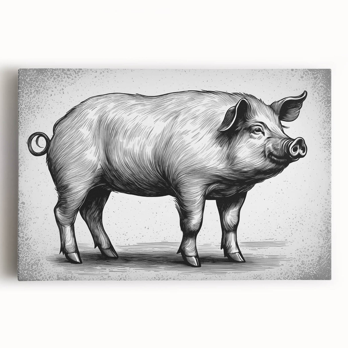 Front view of a stretched canvas wall art depicting a whimsical pig design, showcasing vibrant colors and playful details, perfect for animal lovers and home decor enthusiasts.