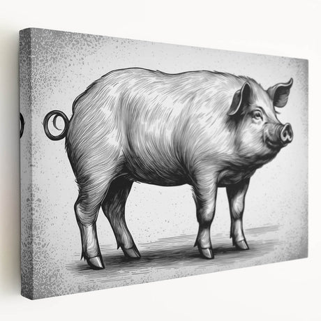 Stretched canvas wall art depicting a whimsical pig design in vibrant colors, showcasing its playful character and detailed features, ideal for animal lovers and home decor.