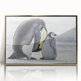 Framed acrylic wall art featuring a playful penguin design with a gold frame, perfect for adding a whimsical touch to modern décor. Ideal for animal lovers and art enthusiasts alike.