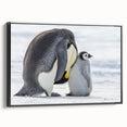 Framed wall art featuring a black and white penguin design on canvas, showcasing a sleek side view. Ideal for animal-themed decor in modern interiors.