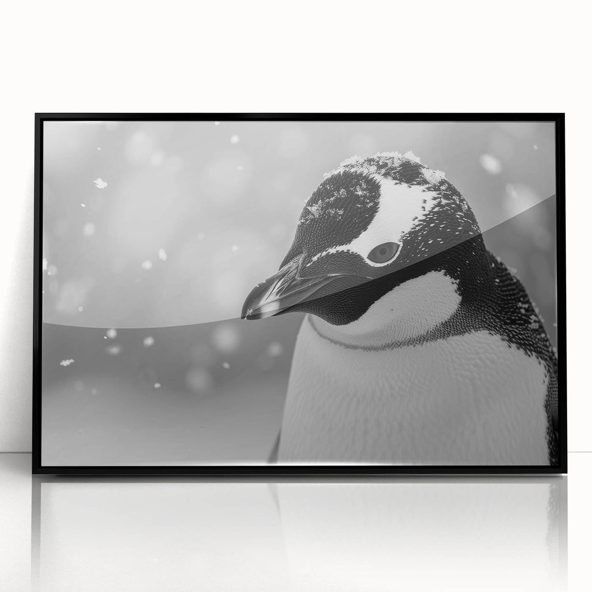 Framed wall art showcasing a black acrylic penguin design, set against a vibrant backdrop, perfect for animal lovers and modern decor enthusiasts.