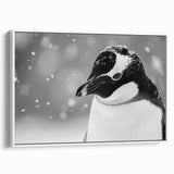 Framed canvas wall art featuring a side view of a playful penguin design, set against a crisp white background, perfect for animal lovers and modern decor enthusiasts.