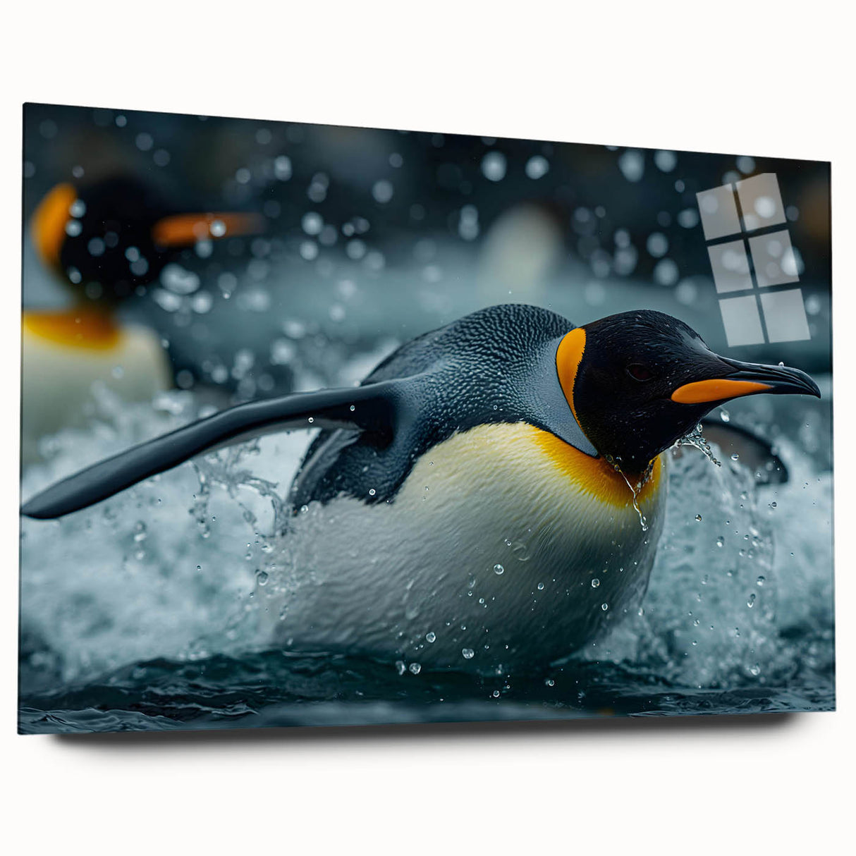 Side view of a sleek acrylic glass wall art piece showcasing a whimsical penguin design, perfect for adding a playful touch to home decor.