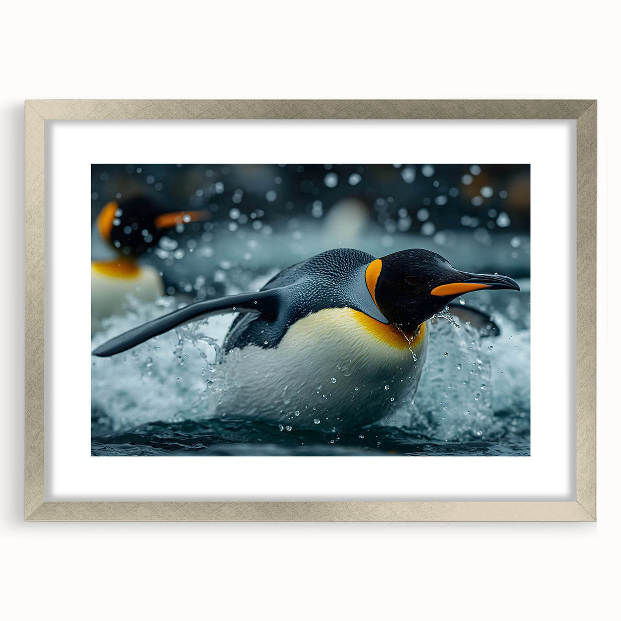 Framed wall art featuring a playful penguin design in a silver frame with a mat, ideal for adding a touch of whimsy to children's rooms or play areas.
