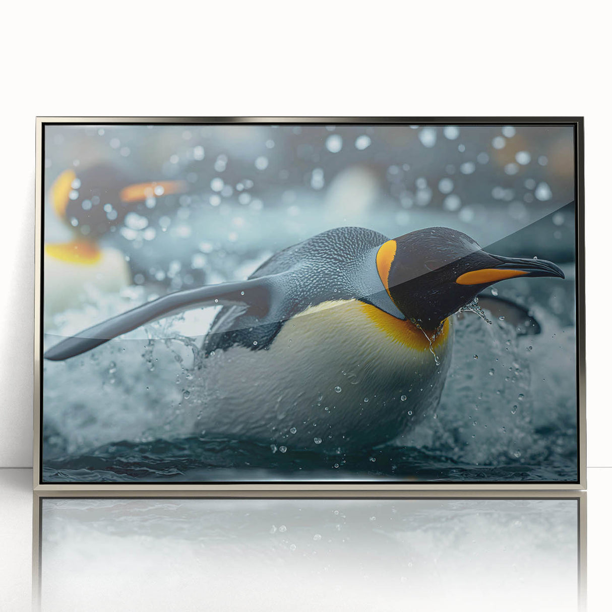 Framed acrylic wall art featuring a silver penguin design from the Wild Life collection, showcasing a modern and sleek aesthetic perfect for animal lovers' decor.