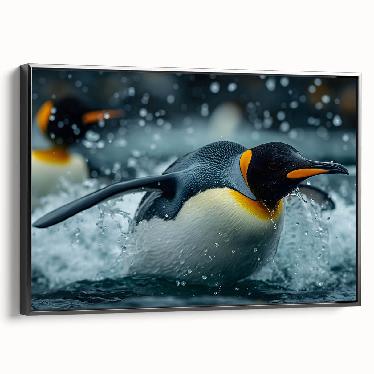 Framed black wall art featuring a stylized penguin design in a whimsical and colorful cartoon style, perfect for children's rooms or animal-themed decor.