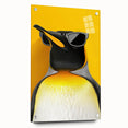 Side view of a penguin-themed wall art piece displayed in a sleek acrylic glass frame, featuring vibrant colors and modern design elements, perfect for animal lovers.