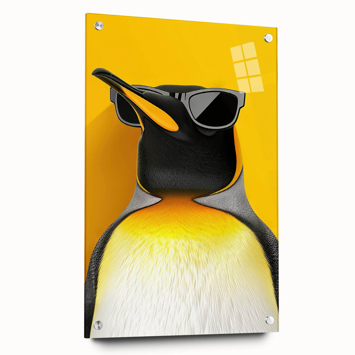 Side view of a penguin-themed wall art piece displayed in a sleek acrylic glass frame, featuring vibrant colors and modern design elements, perfect for animal lovers.