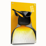 Side view of a penguin-themed wall art piece displayed in a sleek acrylic glass frame, featuring vibrant colors and modern design elements, perfect for animal lovers.