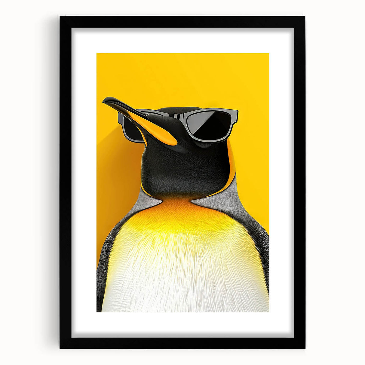 Framed wall art featuring a black mat and a whimsical penguin design, showcasing vibrant colors and playful details, perfect for animal lovers and home decor enthusiasts.