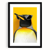 Framed wall art featuring a black mat and a whimsical penguin design, showcasing vibrant colors and playful details, perfect for animal lovers and home decor enthusiasts.