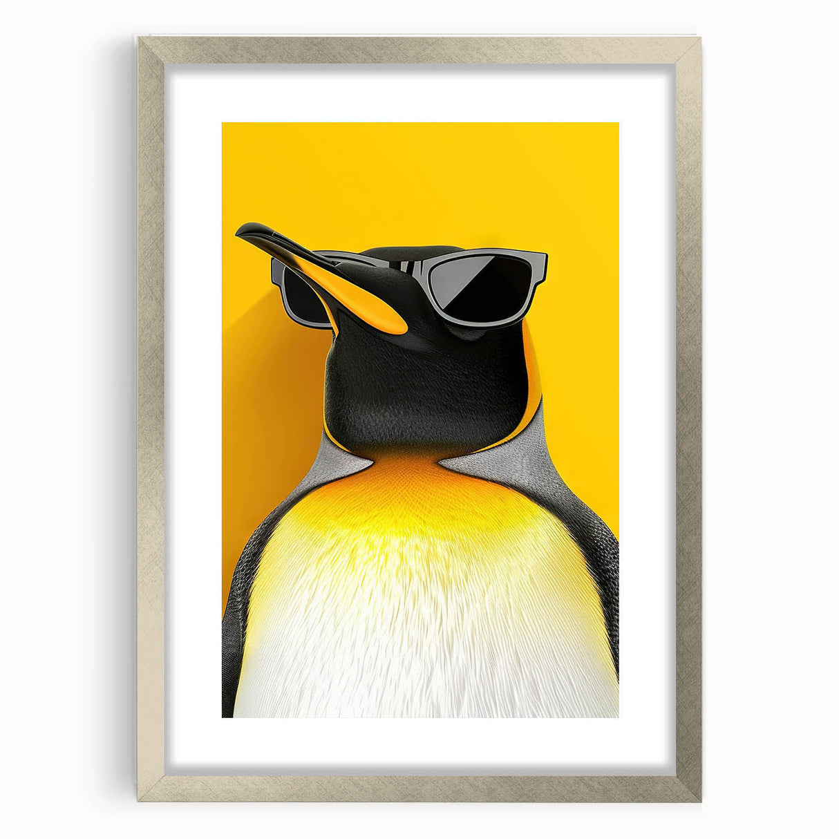 Framed wall art featuring a stylish penguin design in a silver frame with a white mat, perfect for enhancing modern home decor and animal-themed interiors.