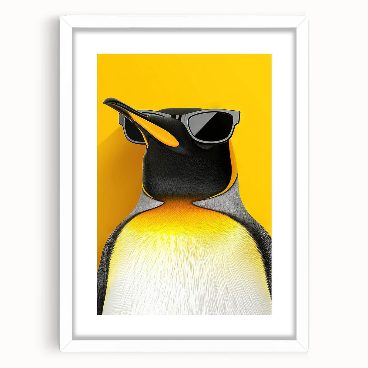 Framed wall art featuring a whimsical penguin design in a white mat, showcasing vibrant colors and playful details, perfect for children's room decor.