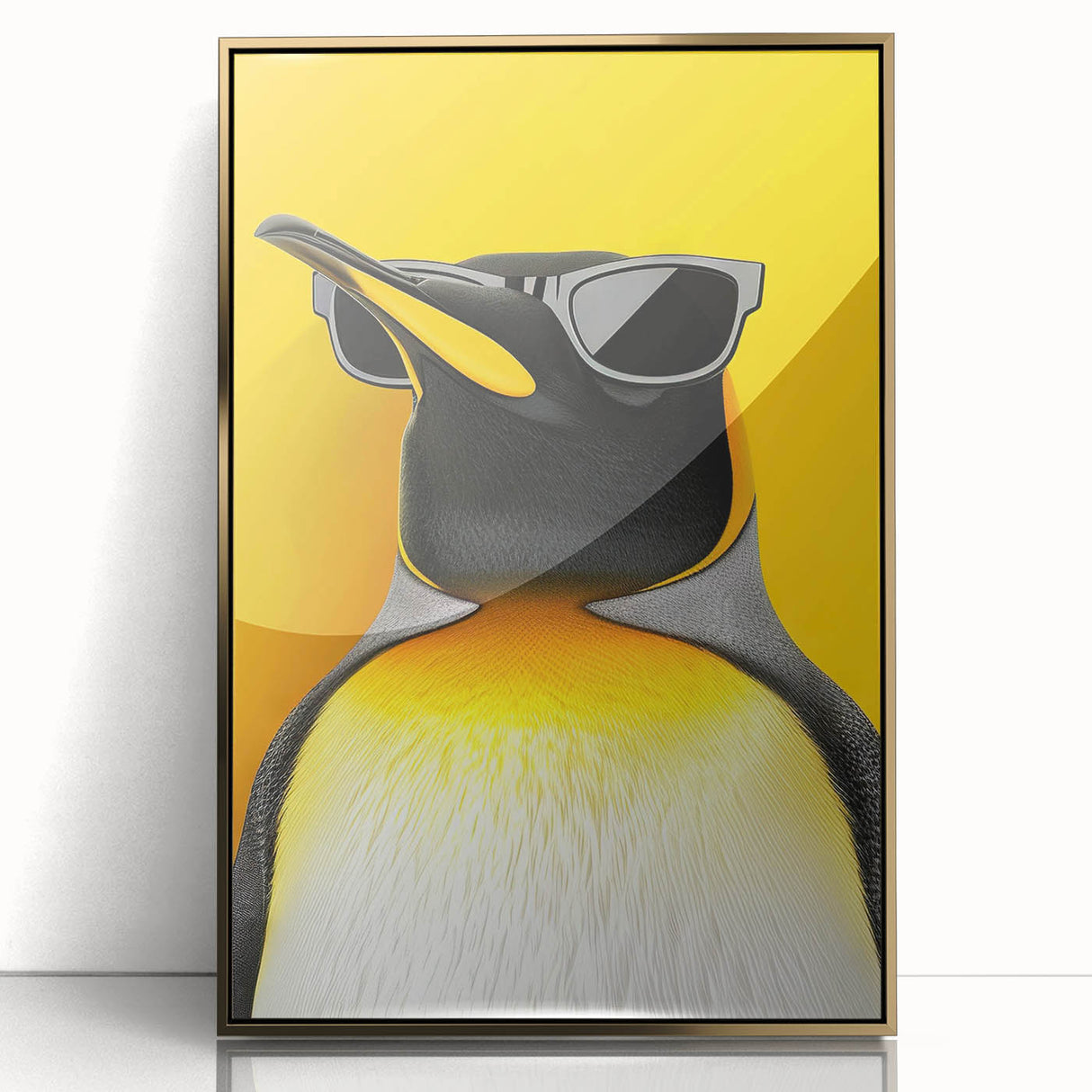 Framed acrylic wall art featuring a stylish penguin design from the 'Animals A Wild Life' collection, showcasing a gold frame against a minimalist background, ideal for modern decor.