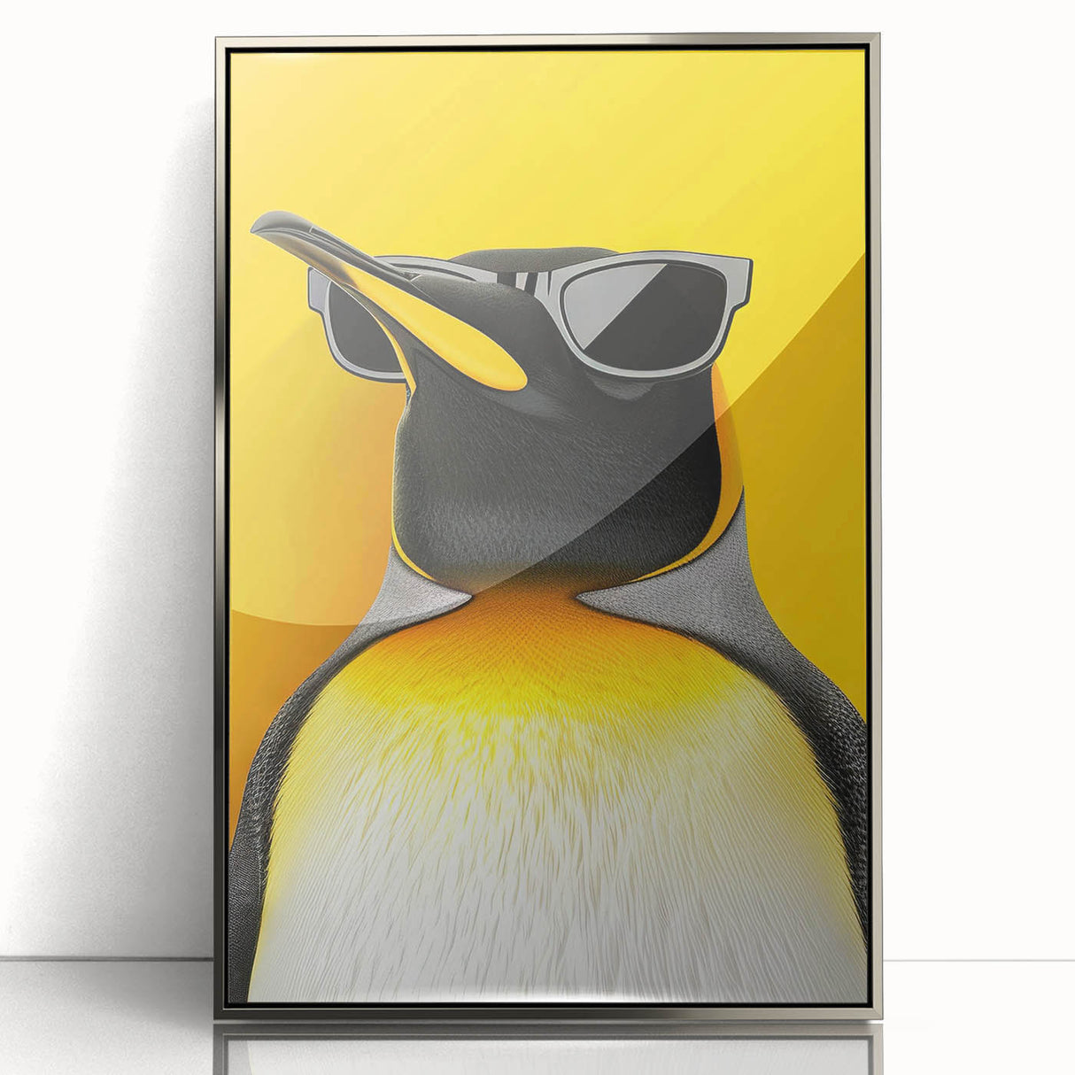 Framed acrylic wall art featuring a stylish penguin design in silver, ideal for adding a modern touch to home decor. Perfect for animal lovers and contemporary art enthusiasts.