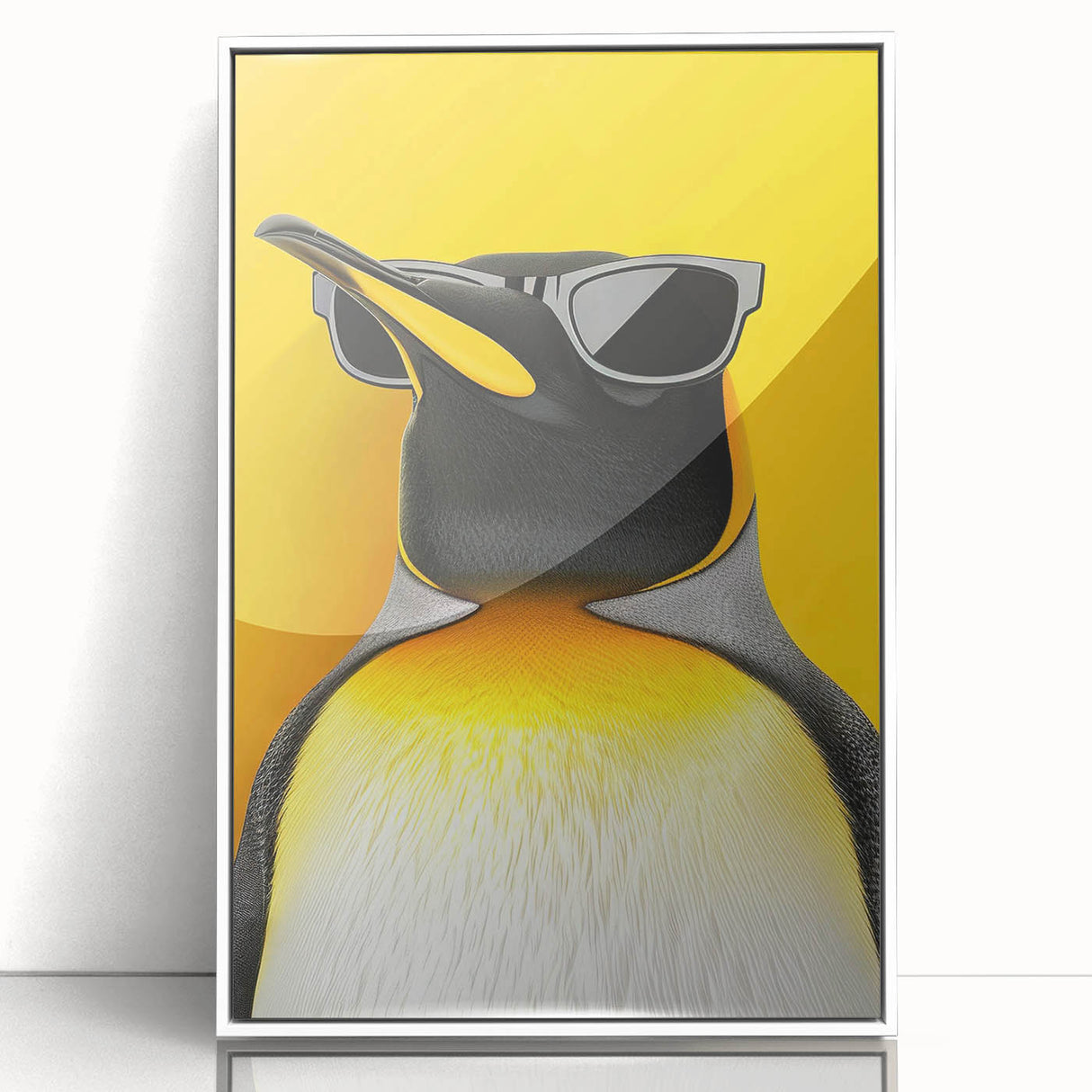 Framed wall art featuring a playful penguin design in a white border, showcasing vibrant colors and intricate details, perfect for children's rooms or animal lovers.
