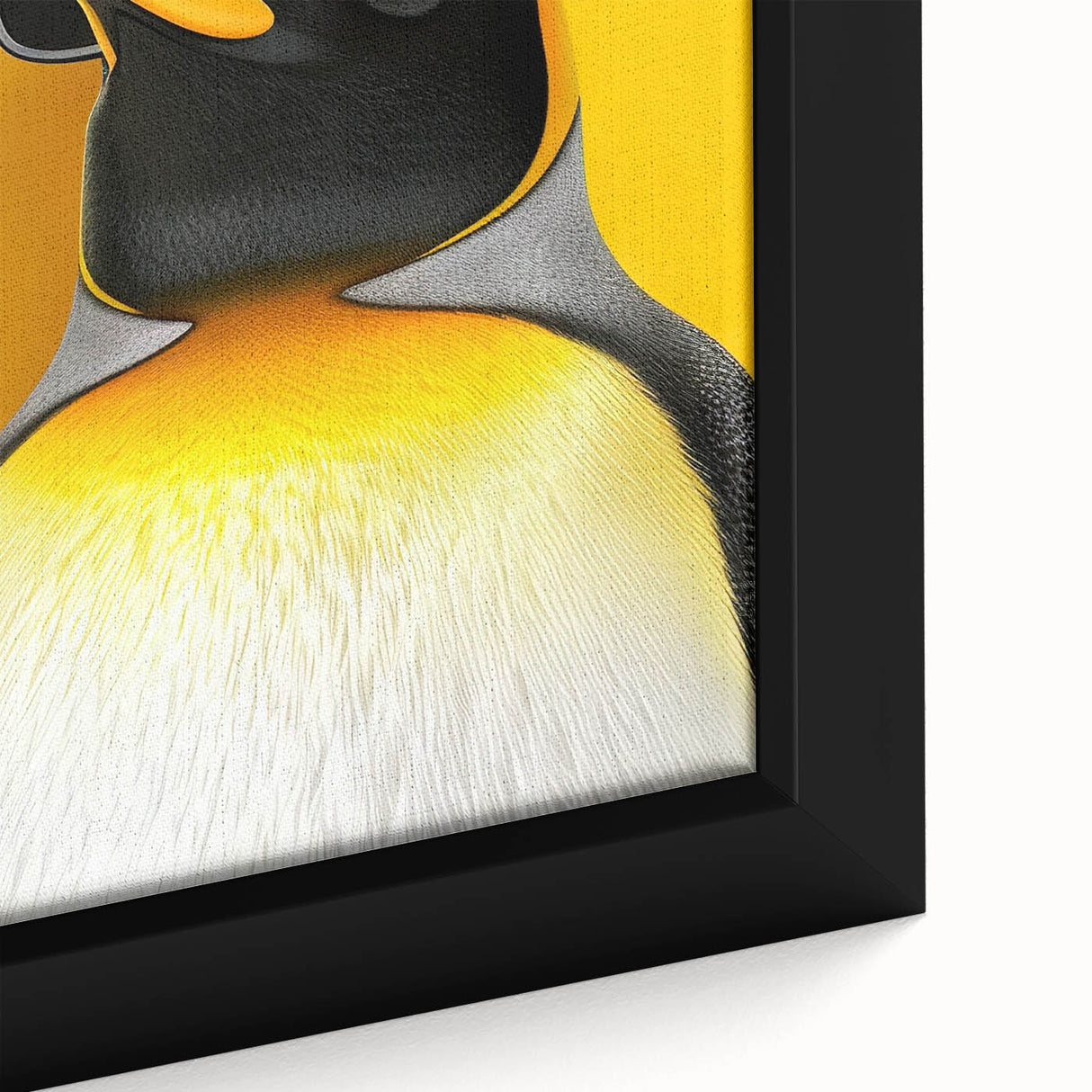 Close-up view of a framed penguin design wall art piece, showcasing intricate details and vibrant colors against a textured background, ideal for wildlife enthusiasts.