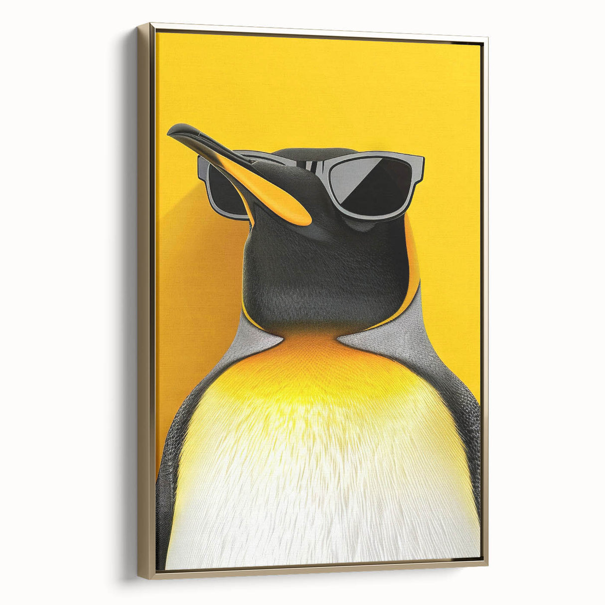 Framed wall art featuring a stylish penguin design against a gold background, showcasing its unique texture and sleek profile, perfect for modern decor.