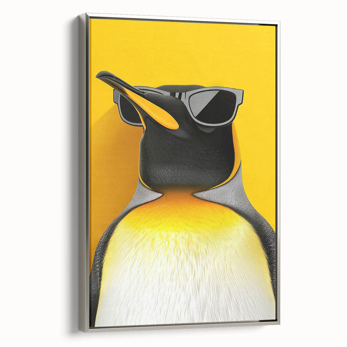 Framed wall art featuring a silver-sided penguin design, showcasing vibrant colors and intricate details, perfect for nature enthusiasts and modern decor. Ideal for elevating any living space or office with a touch of wildlife elegance.