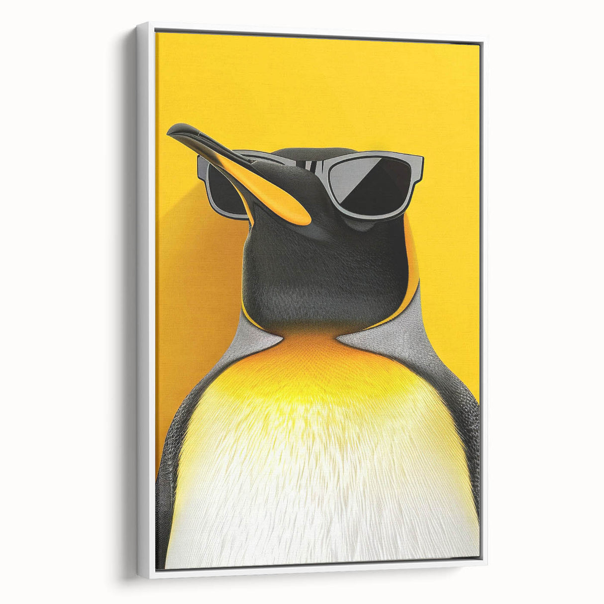 Framed canvas wall art featuring a whimsical penguin design, showcasing vibrant colors against a white background, perfect for animal-themed decor.