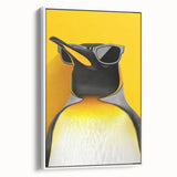 Framed canvas wall art featuring a whimsical penguin design, showcasing vibrant colors against a white background, perfect for animal-themed decor.