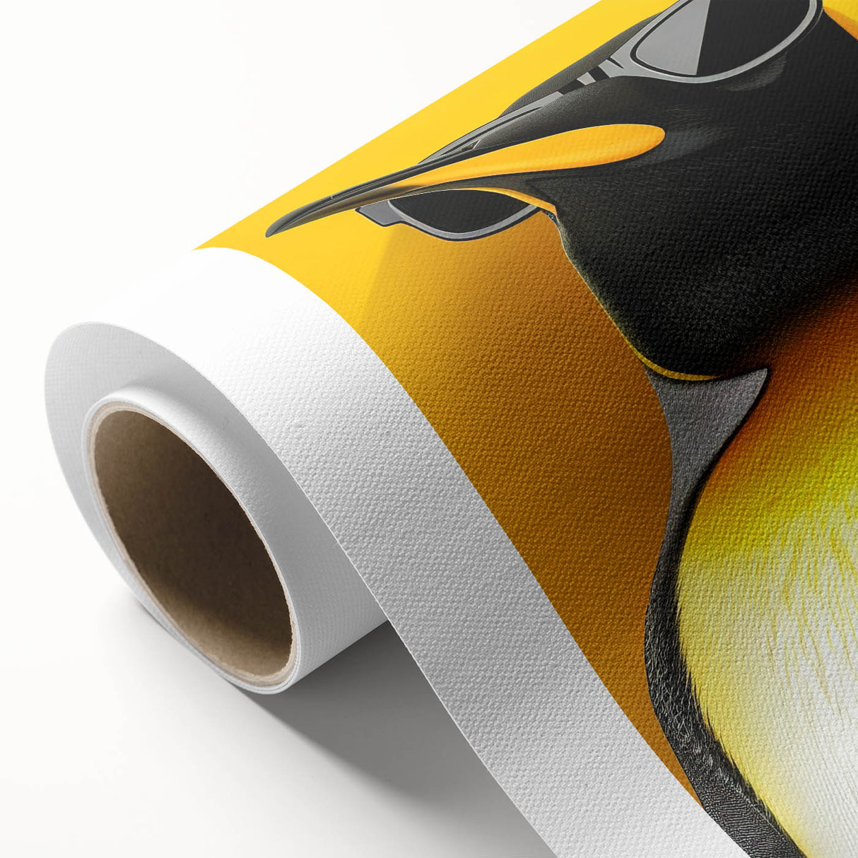Rolled canvas artwork showcasing a vibrant penguin design, perfect for wildlife enthusiasts. The colorful illustration adds a playful touch to any decor.