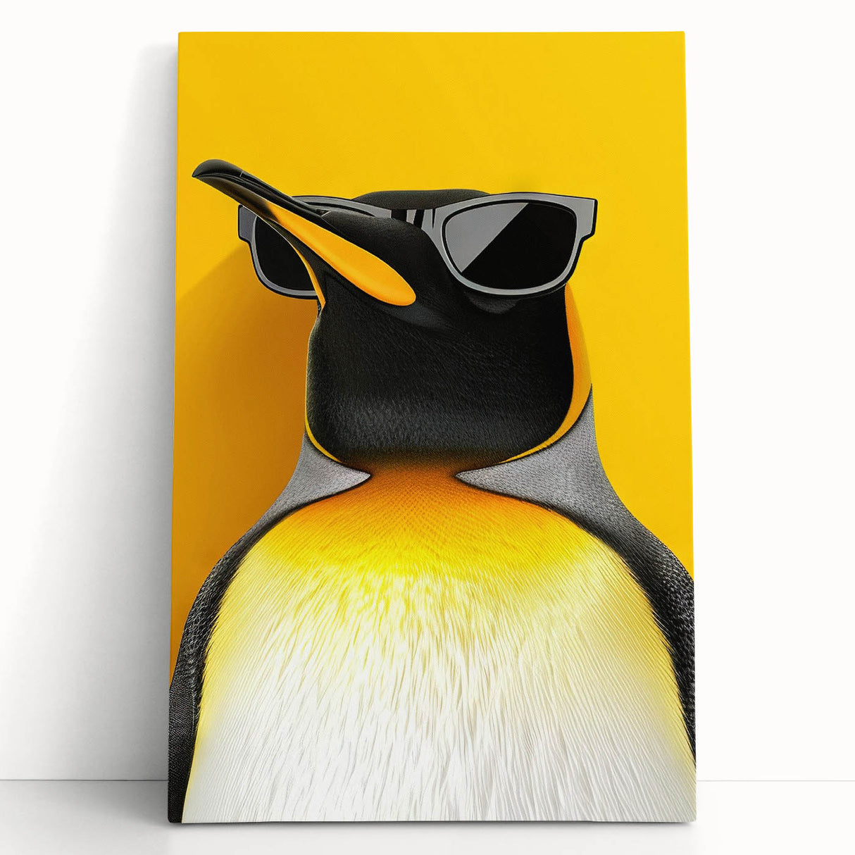 Penguin-themed wall art design on stretched canvas, showcasing vibrant colors and intricate details, ideal for animal lovers and home decor enthusiasts.