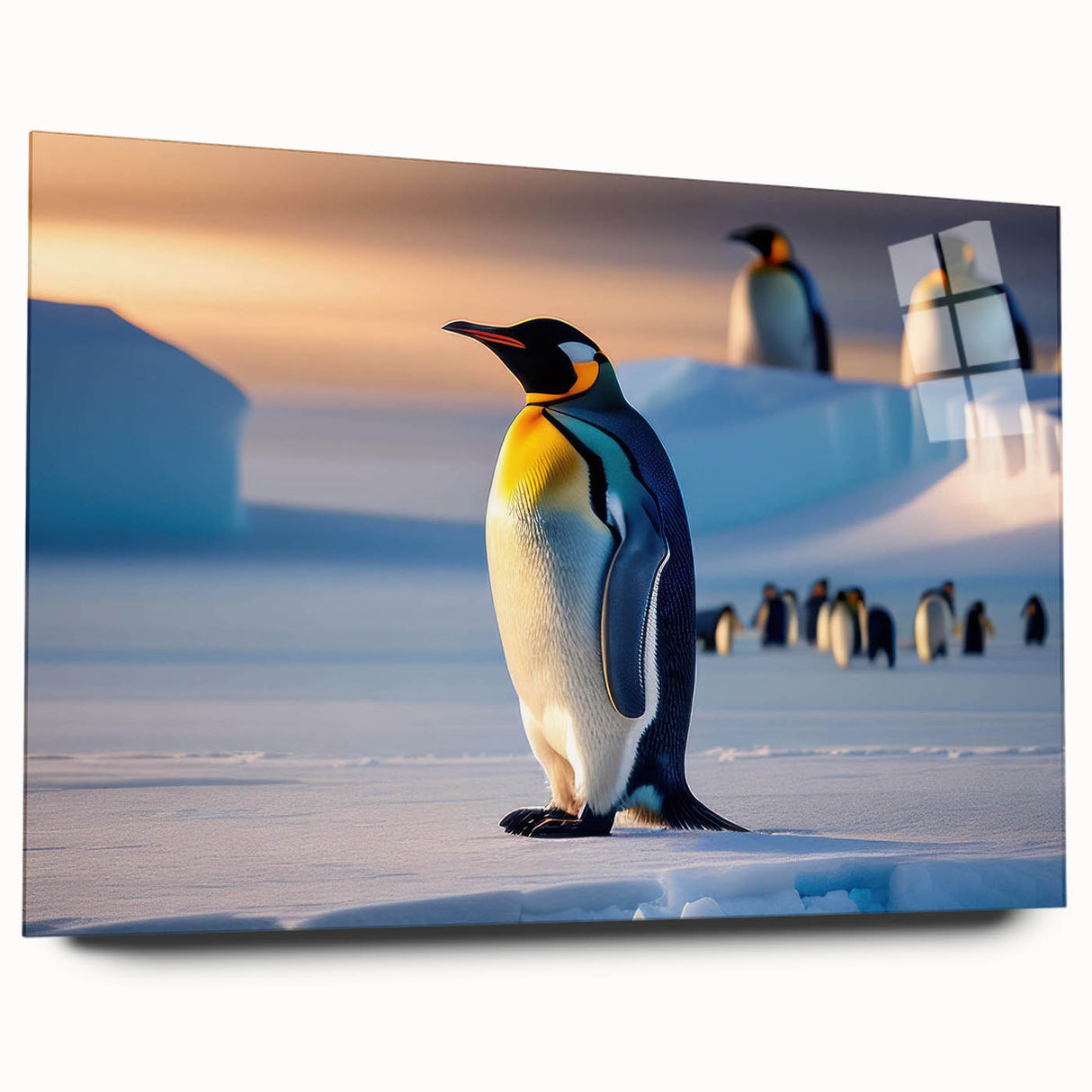 Side view of a chic acrylic glass wall art piece showcasing a whimsical penguin design, perfect for animal lovers, enhancing modern home decor.