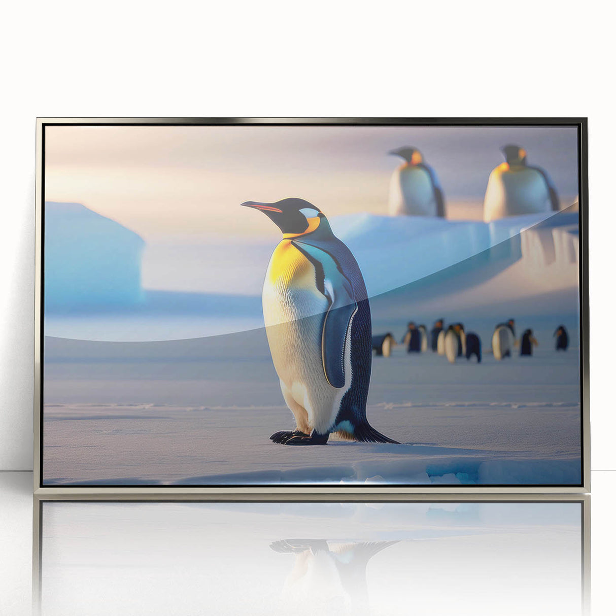 Framed acrylic wall art featuring a stylish penguin design, set against a silver background, perfect for adding a modern touch to home decor. Ideal for animal lovers.