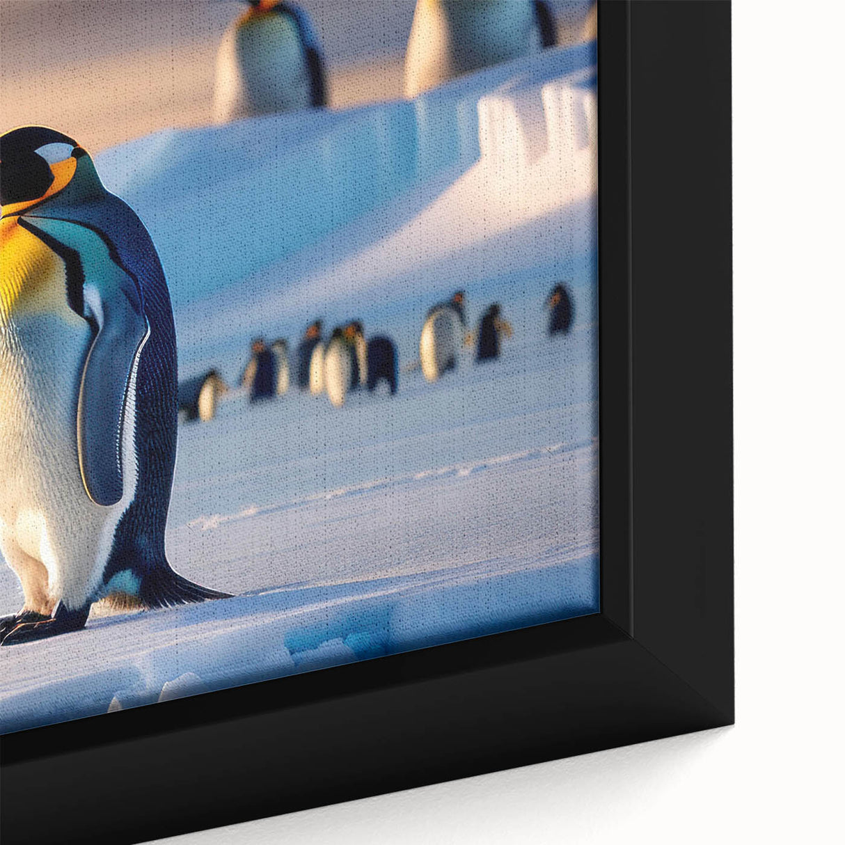 Close-up of a framed canvas art piece featuring a beautifully detailed penguin design, showcasing vibrant colors and textures, ideal for wildlife enthusiasts and home decor.
