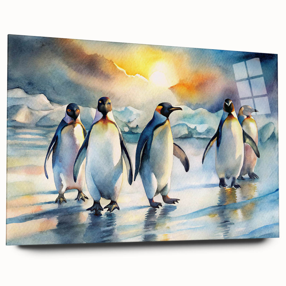 Side view of a sleek acrylic wall art piece featuring a vibrant penguin design, showcasing colorful details and a modern aesthetic, perfect for animal lovers' decor.