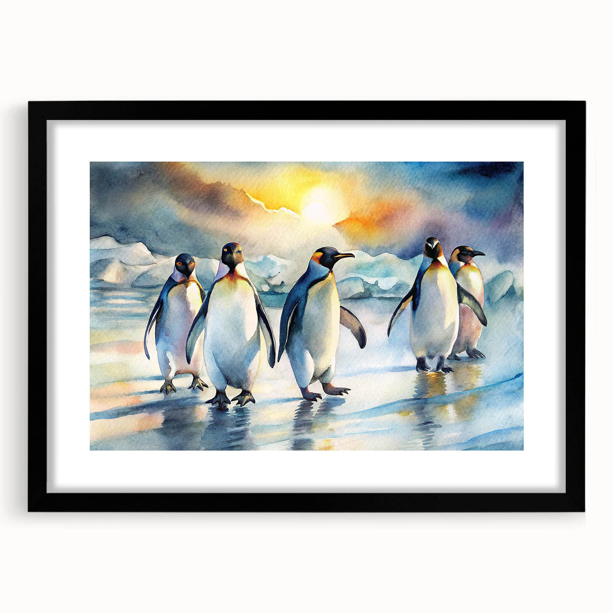 Black-framed wall art featuring a playful penguin design from the "Animals of the Wild" collection, showcasing vivid colors and intricate details, perfect for animal lovers.