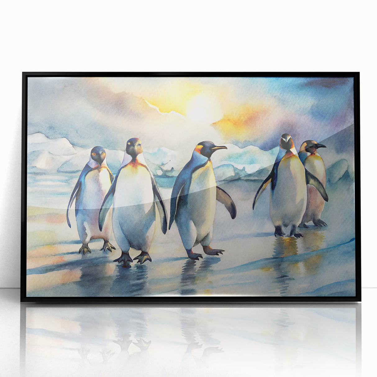 Framed acrylic wall art featuring a whimsical penguin design, presented in a sleek black frame, perfect for adding a touch of playful elegance to any room.
