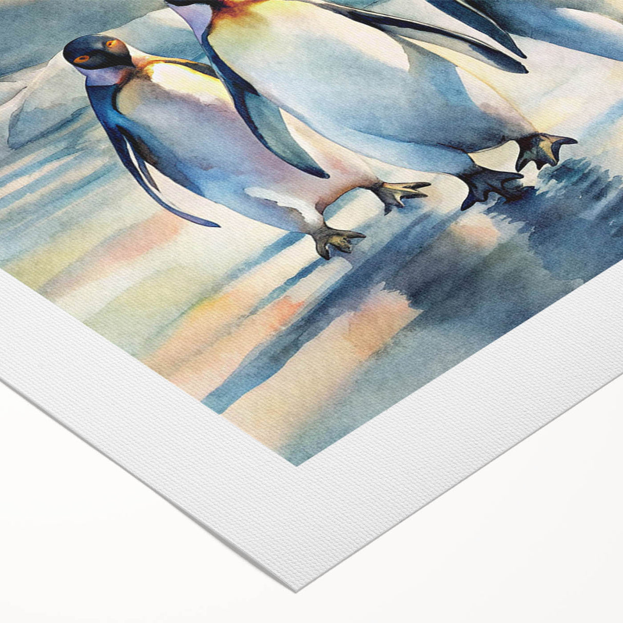 Colorful rolled canvas artwork featuring a playful penguin design, showcasing a vibrant and whimsical portrayal of wildlife, ideal for animal lovers and home decor enthusiasts.