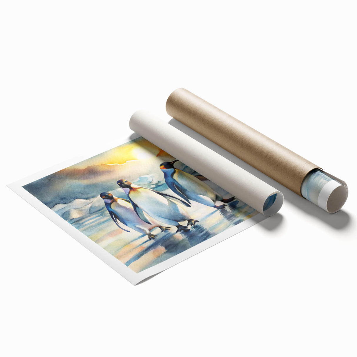 Colorful penguin illustration on a rolled wall art print, showcasing vibrant blues and yellows, perfect for adding a whimsical touch to any decor. Ideal for animal lovers and art enthusiasts alike, this piece captures the charm of wildlife.