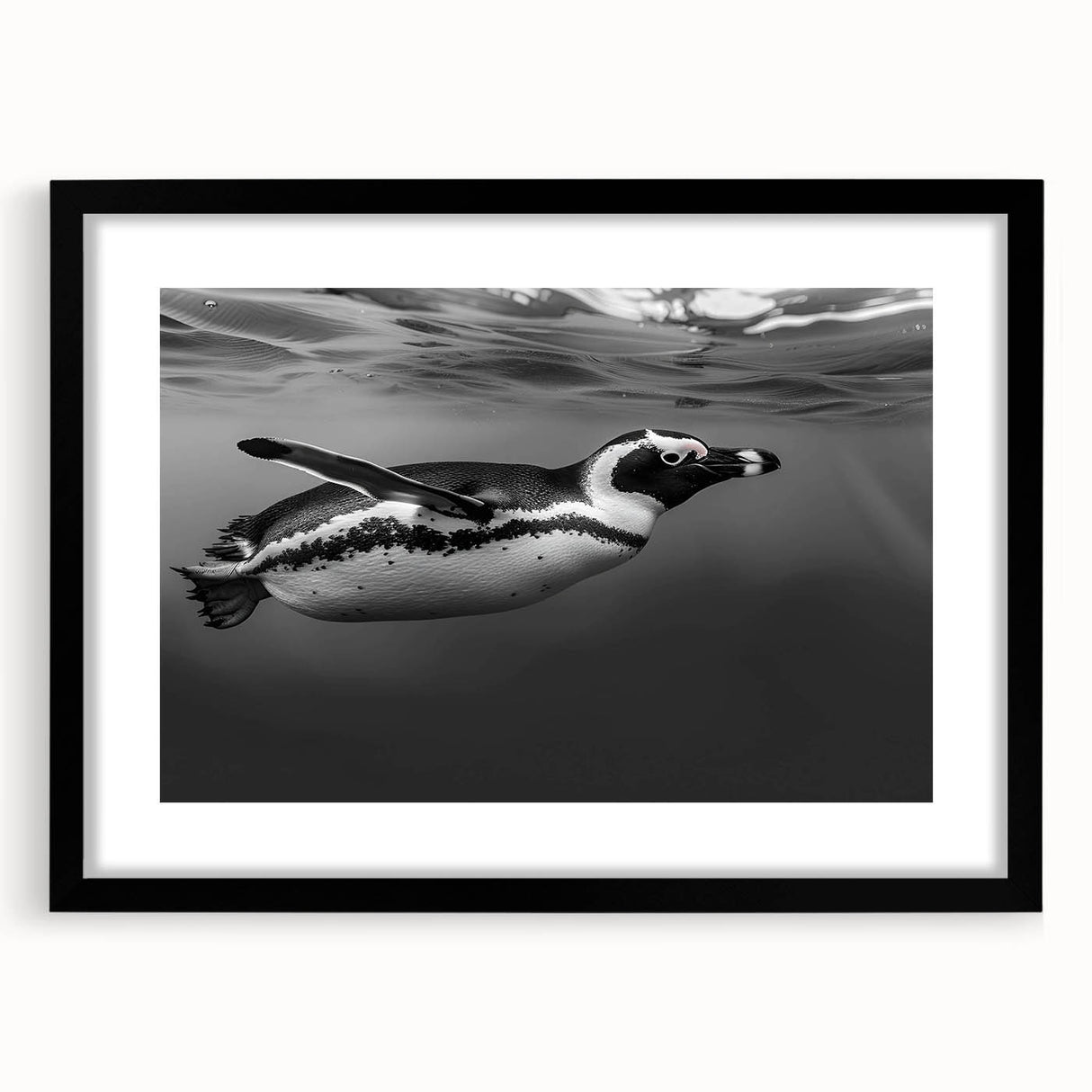 Framed wall art featuring a striking black and white penguin design, set against a textured background, perfect for modern home decor. The black frame enhances the artwork’s elegance, making it an ideal piece for animal lovers and contemporary interiors.